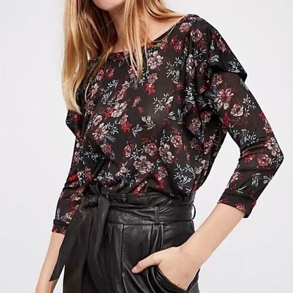 Free People | Floral Dock Top Ruffle Sleeve Keyhole Back Shimmer - Picture 2 of 10